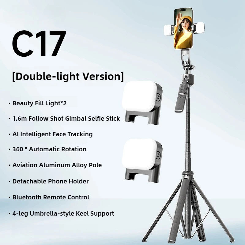 C17 Gimbal Selfie Stick Tripod for Phone 360° Auto-Rotation AI Face Tracking Anti-shake Quadrapod Stabilizer with Remote Control
