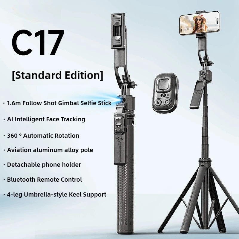 C17 Gimbal Selfie Stick Tripod for Phone 360° Auto-Rotation AI Face Tracking Anti-shake Quadrapod Stabilizer with Remote Control