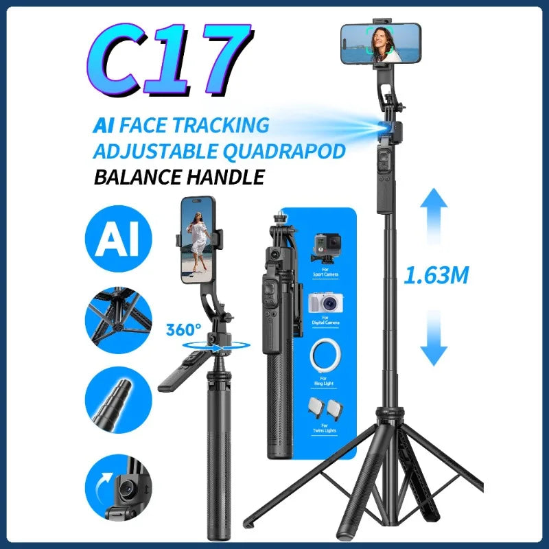 C17 Gimbal Selfie Stick Tripod for Phone 360° Auto-Rotation AI Face Tracking Anti-shake Quadrapod Stabilizer with Remote Control